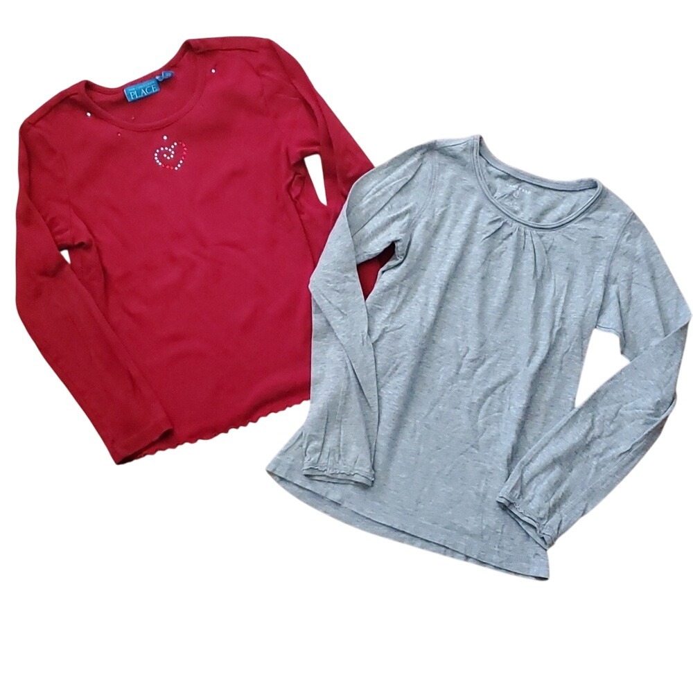 2 Pack Girls Size 7-8 Long Sleeve Shirts - Red Children's Place & Grey Lands End